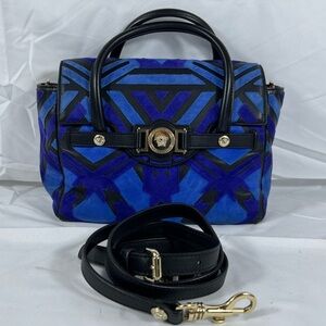 Versace Blue & Black Suede Geometric Medusa Satchel w/ Strap